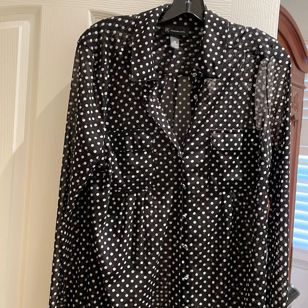 Black and white polkadot sheer blouse